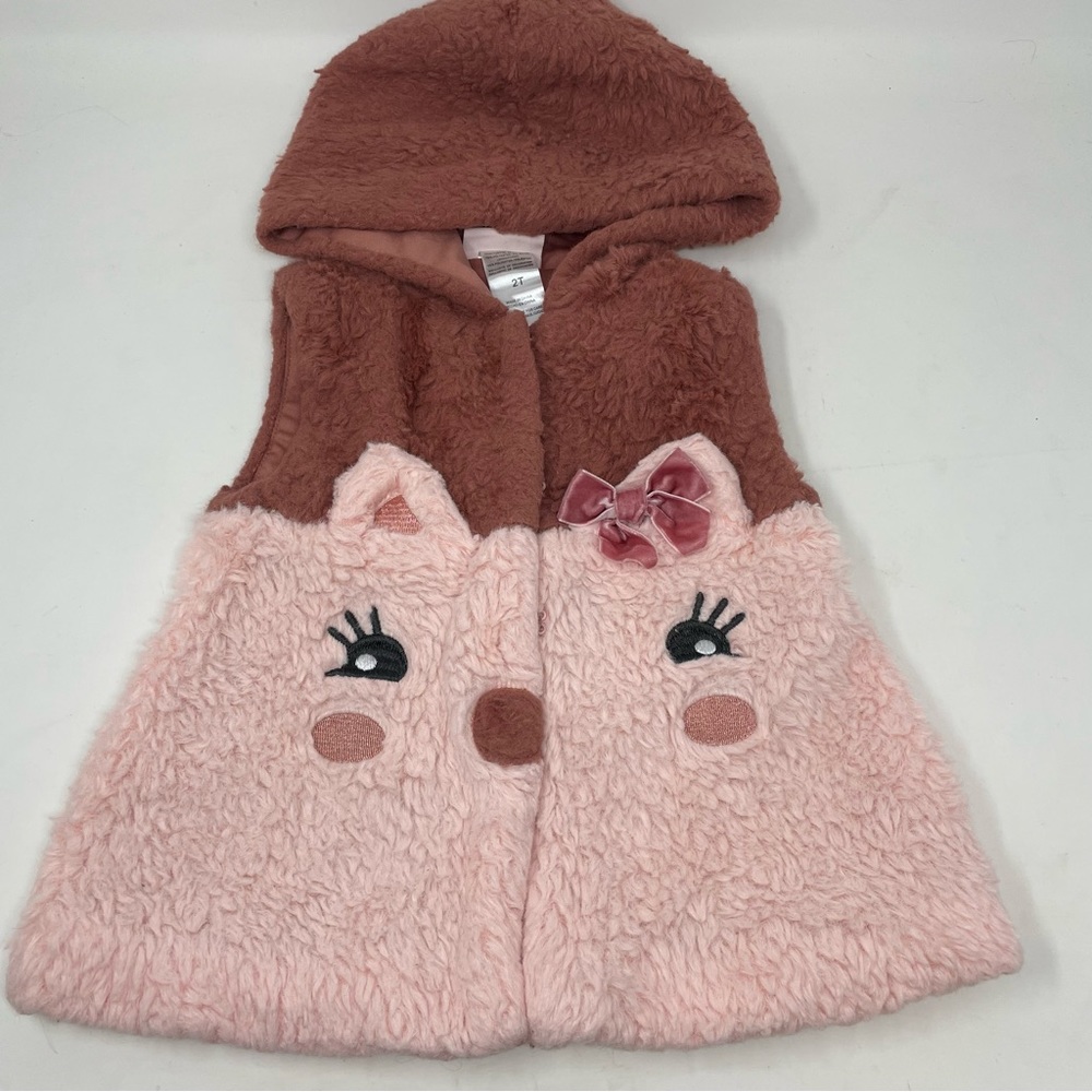 Toddler Two Tone Pink/Rosy Brown Pig Face Faux Fur Hooded Vest Size 2T